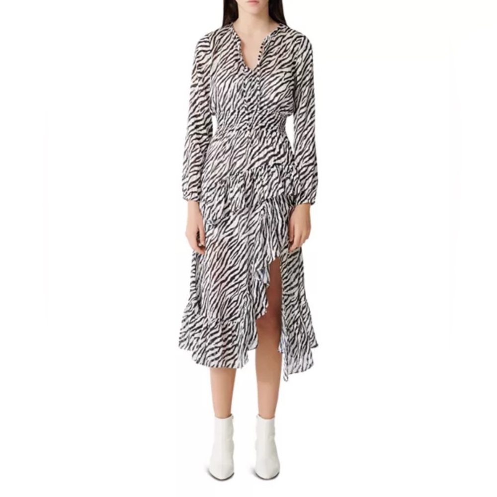 Maje Ribou Zebra-Print Ruffle Midi Dress